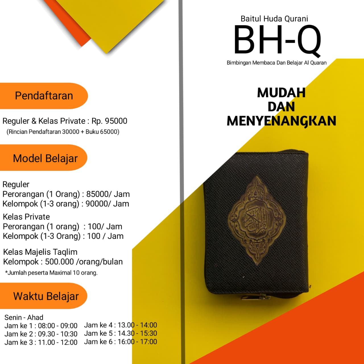 Brosur Daftar Harga & Waktu Belajar Baitul Huda Qurani
